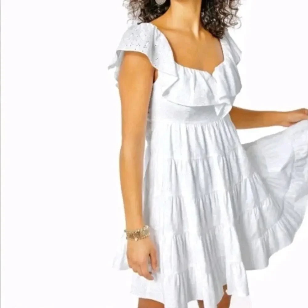 Lilly Pulitzer Emie Dress Resort White Ditsy Vine Eyelet Ruffle Sweetheart Sz 8 - Picture 3 of 11